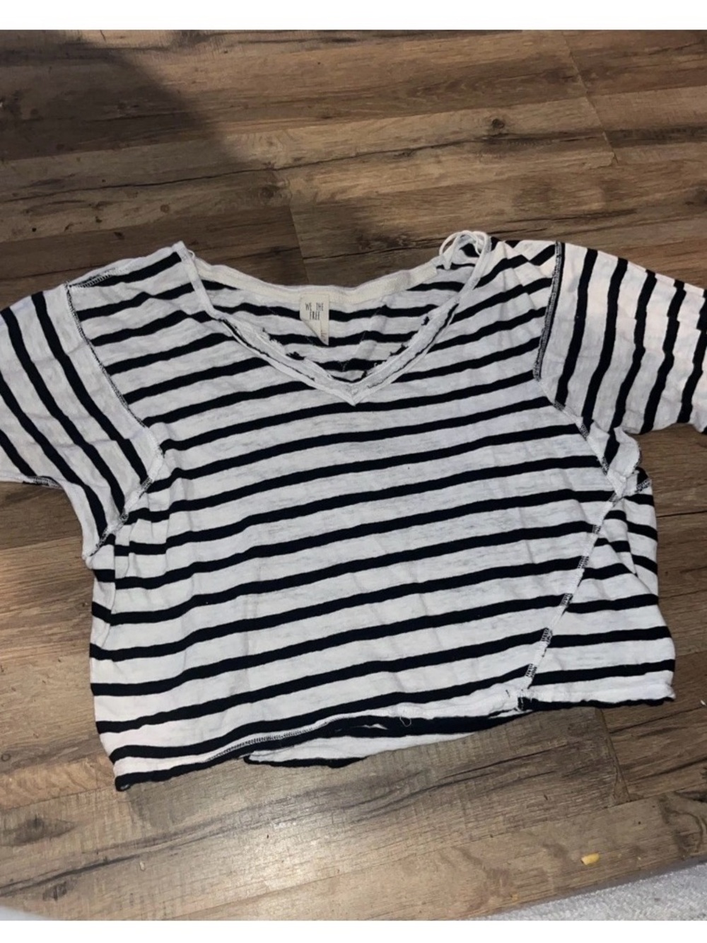 Free People Head In The Clouds Striped Boxy Distressed V-Neck Cropped Tee